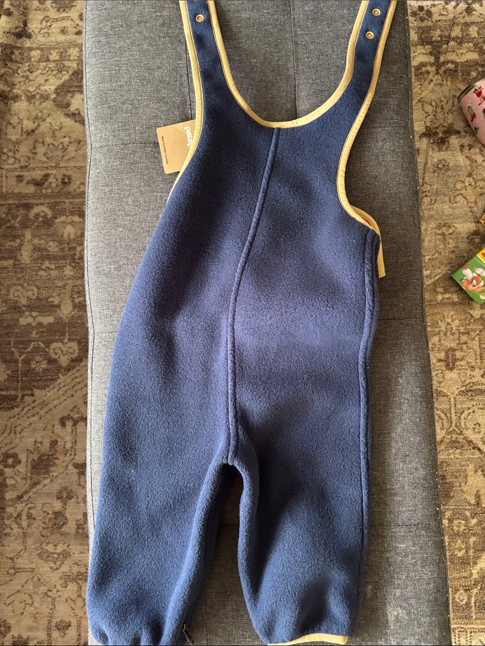 Patagonia Kids Synchilla Navy Fleece overalls with Red Pocket and Tan Trim - Picture 6 of 6